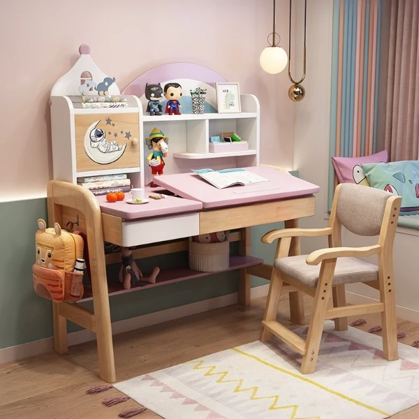 儿童可升降学习实木书桌中小学生学习桌卡通创意男女孩卧室课桌椅