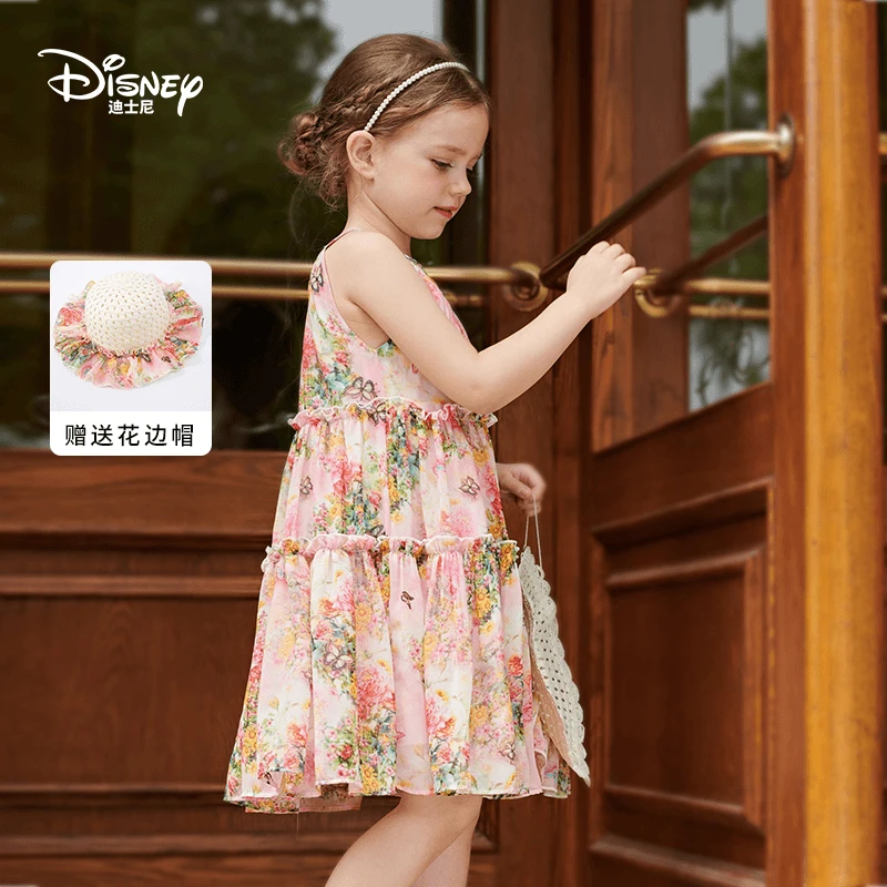 Disney/迪士尼24年女童碎花夏季印花连衣裙淑女无袖洋气碎花度假
