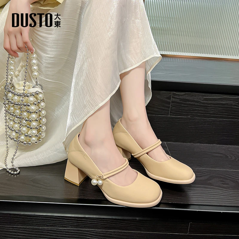 大东高跟玛丽珍女鞋2025秋冬新款时尚潮流简约方头珍珠单鞋女0011