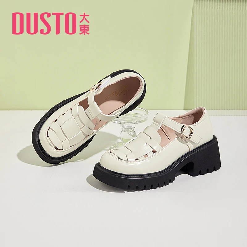 DUSTO/大东时尚小皮鞋女2024夏季新款简约粗跟魔术贴镂空女鞋0677