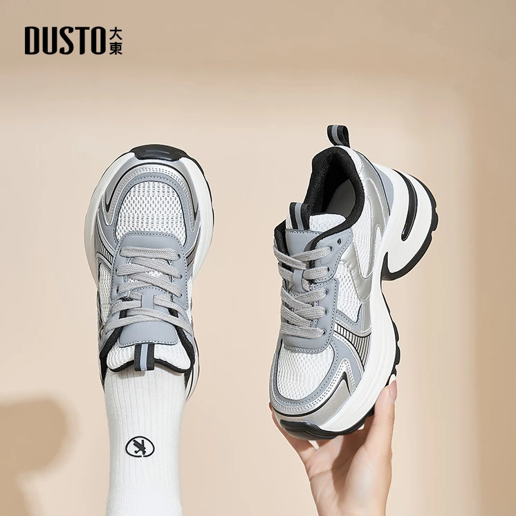 大东银灰色老爹鞋女鞋2025夏新款时尚高跟平底圆头系带运动鞋2606