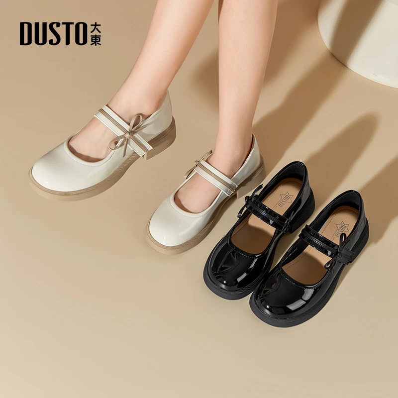 大东女鞋2025新款秋冬款单鞋厚底粗跟休闲风黑色系带百搭鞋子1212