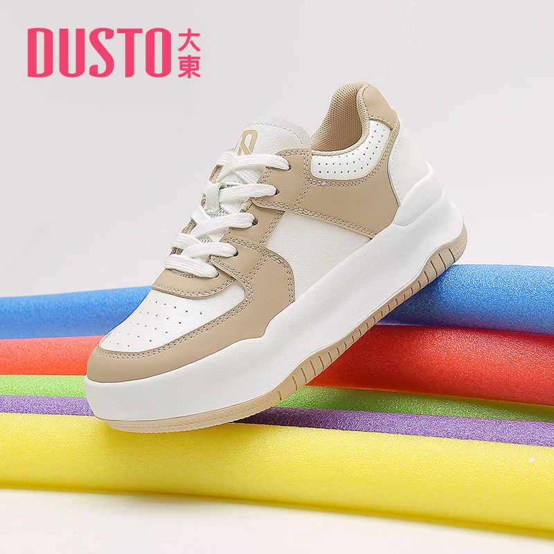 DUSTO/大东板鞋女新款春季休闲中跟平底圆头撞色系带女鞋C0322