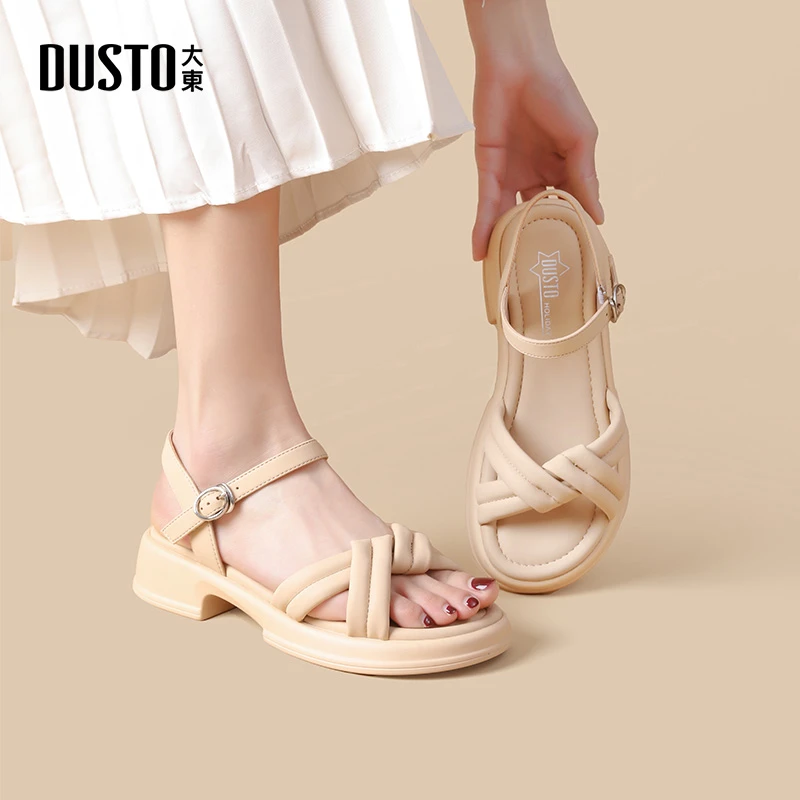 DUSTO/大东2025夏季新款罗马凉鞋露趾女鞋时尚厚底中跟沙滩鞋0209