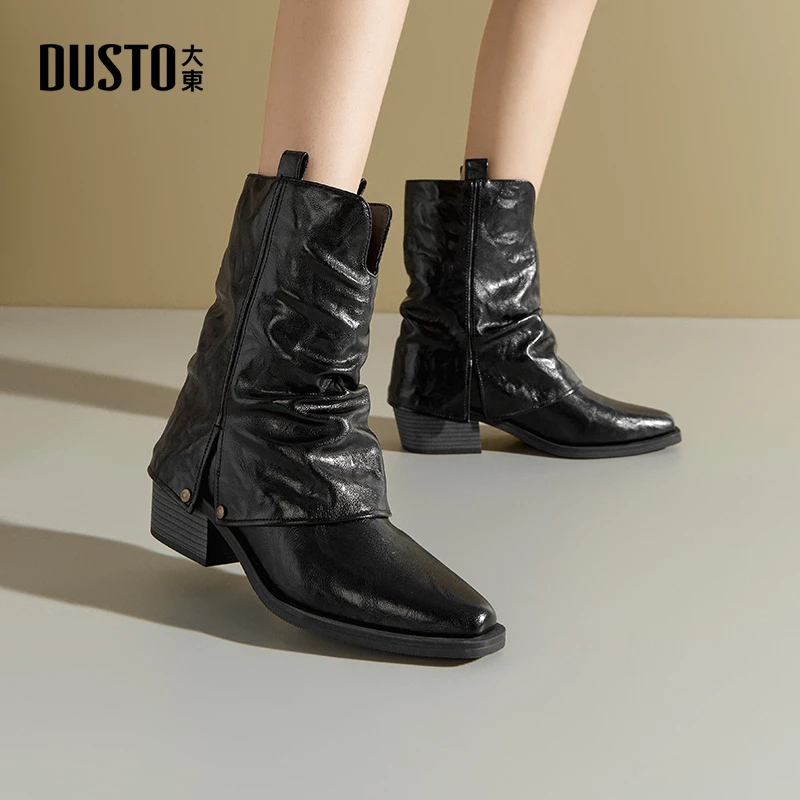 大东靴子2025秋冬时尚百搭复古短靴英伦风粗跟显高显瘦时装靴0179