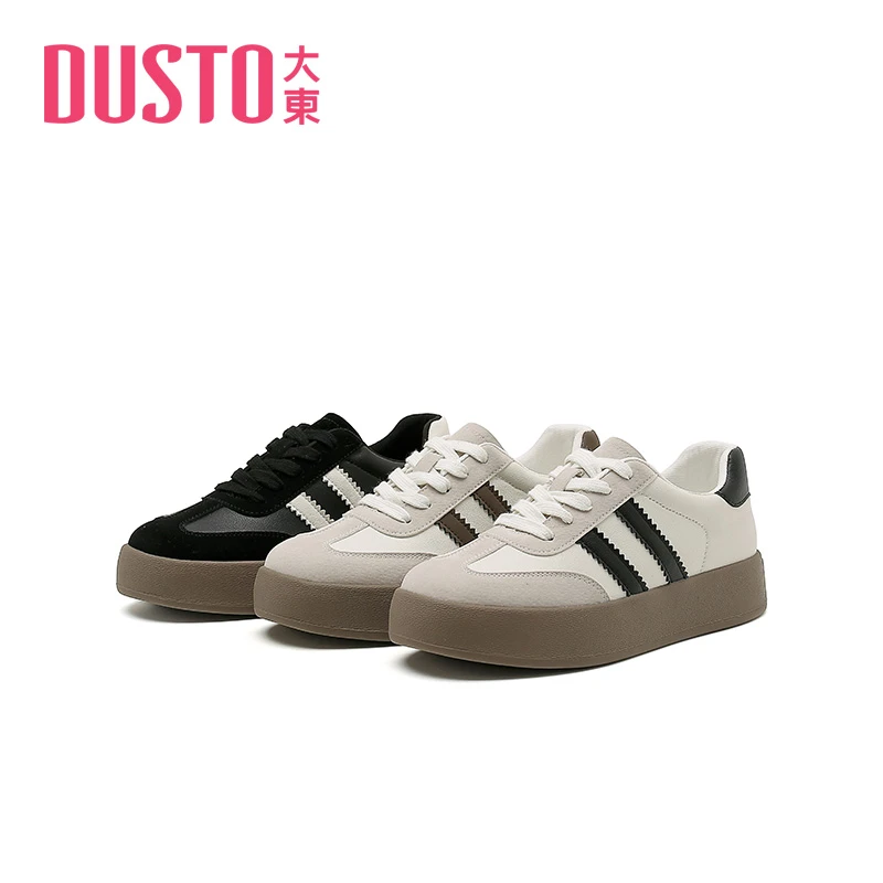 DUSTO/大东板鞋2025春季新款休闲中跟平底小白鞋圆头系带女鞋0666