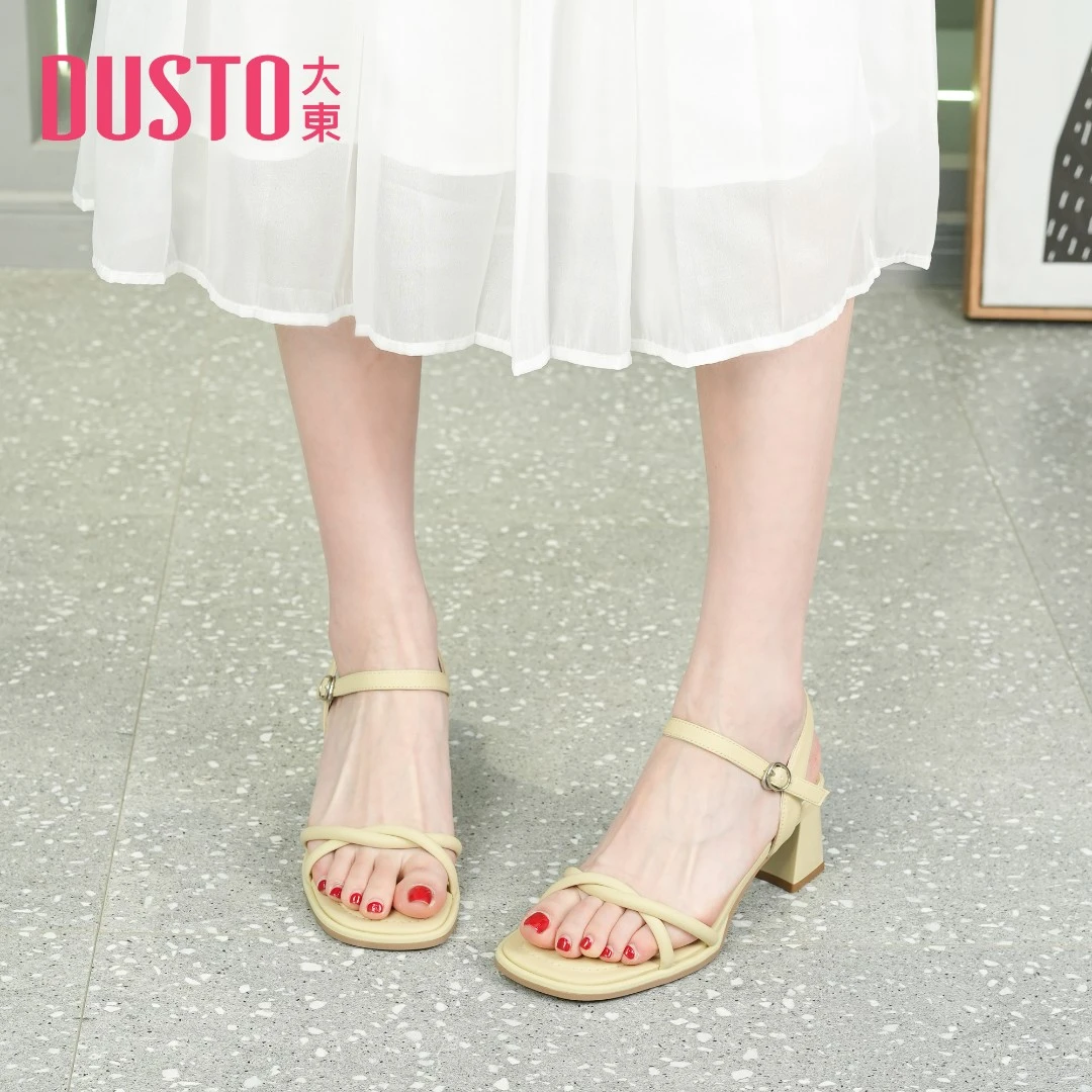 DUSTO/大东时尚一字带凉鞋女2023夏季新款简约高跟粗跟女鞋0017