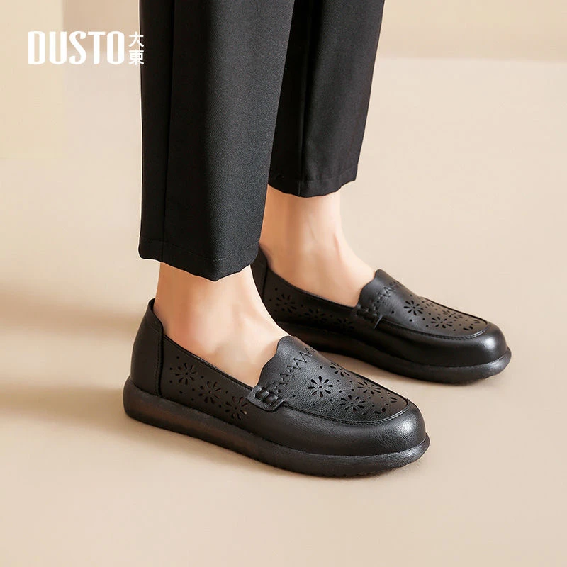 大东女鞋舒适妈妈鞋女2025秋季新款镂空透气低跟平底套脚单鞋1736