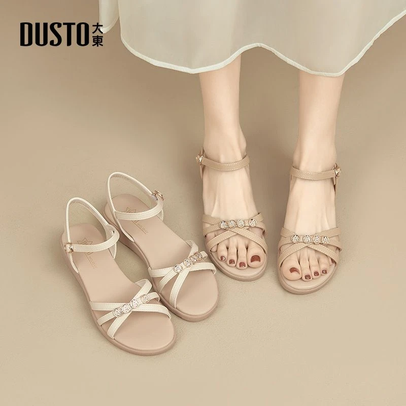 大东一字带凉鞋女2025新款夏季透气舒适百搭软底外穿坡跟鞋子1263