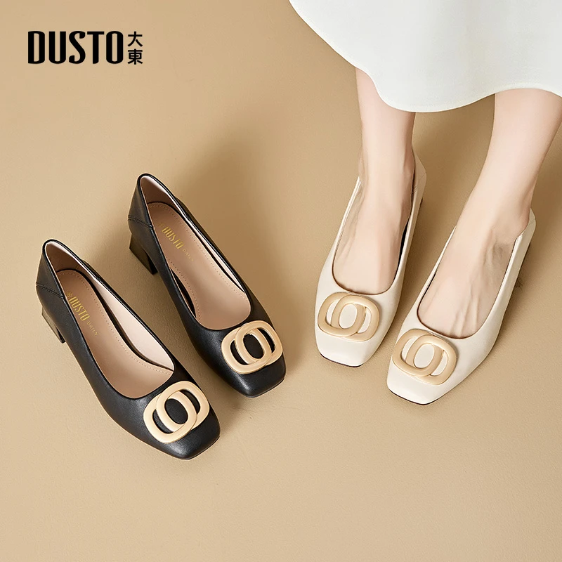 DUSTO/大东浅口鞋女2025秋冬新款优雅套脚方扣单鞋粗跟女鞋0077