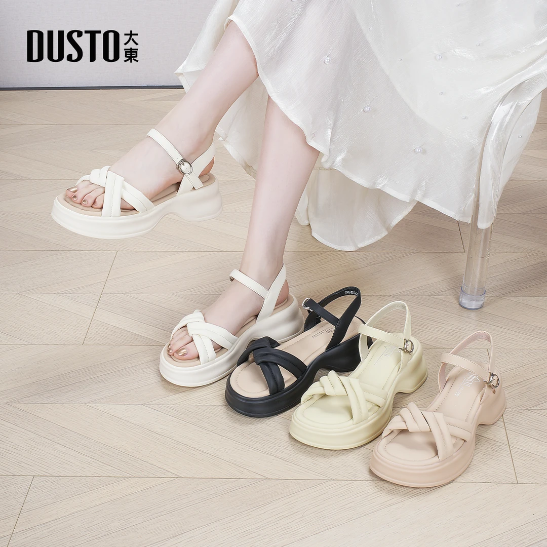 DUSTO/大东2025夏季新款厚底外穿凉鞋女中跟露趾度假休闲女鞋0228