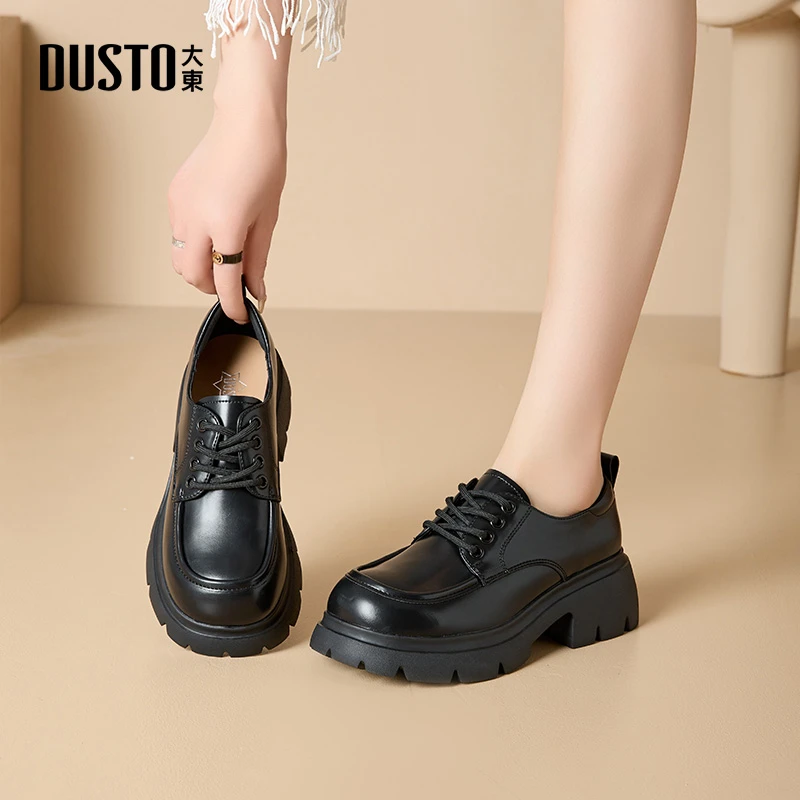 DUSTO/大东厚底黑色小皮鞋2025年秋季新款高跟时尚小个子女鞋0113