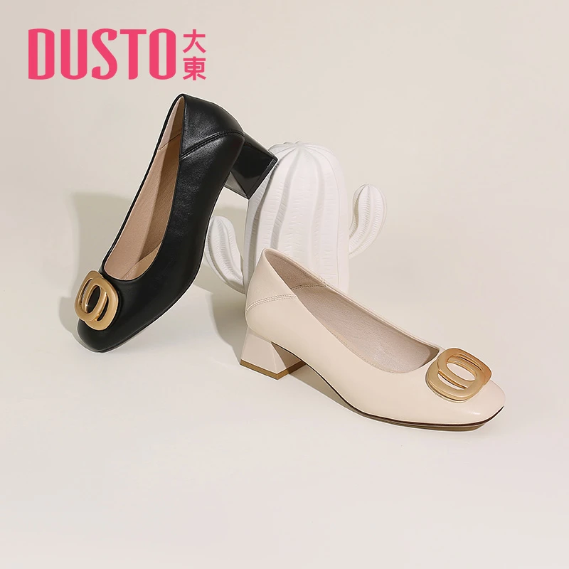 DUSTO/大东浅口鞋女2025秋冬新款优雅套脚方扣单鞋粗跟女鞋Q0010