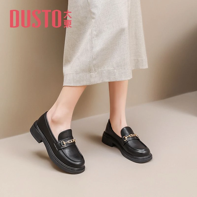 大东百搭厚底乐福鞋秋季新款简约风中跟女生女款圆头小皮鞋1620