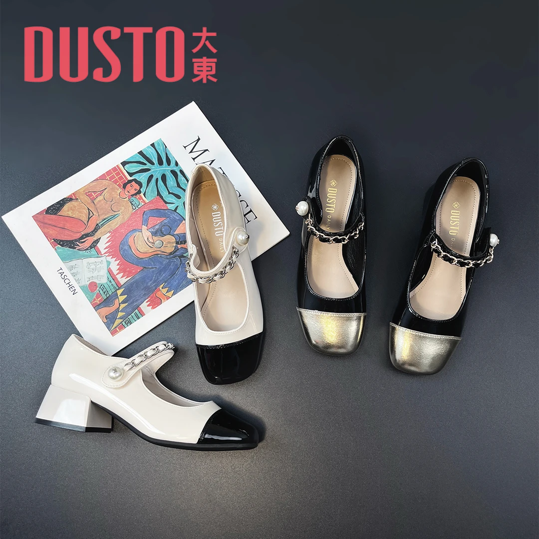 DUSTO/大东浅口女鞋2025春秋新款优雅拼色粗跟魔术贴中跟单鞋0021