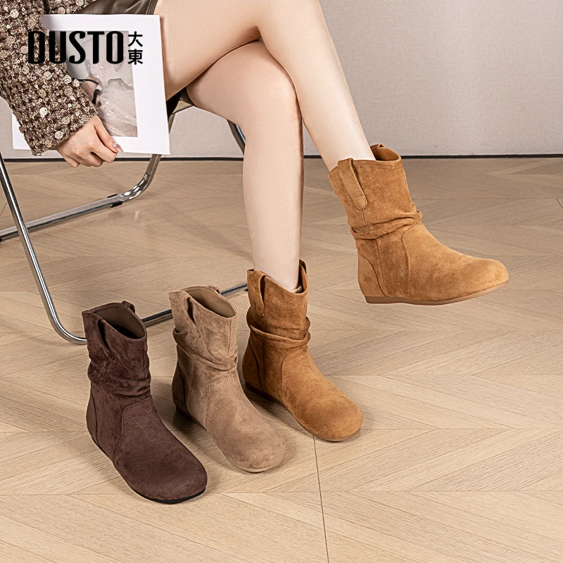大东女鞋棕色复古勃肯堆堆靴2025秋季新款加绒舒适约会小短靴0225
