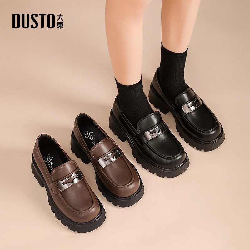 DUSTO/大东厚底乐福鞋2025新款秋季复古百搭圆头粗跟增高女鞋1135