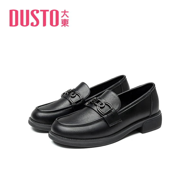 DUSTO/大东圆头乐福鞋2025秋季新款百搭英伦风女鞋黑色小皮鞋0003