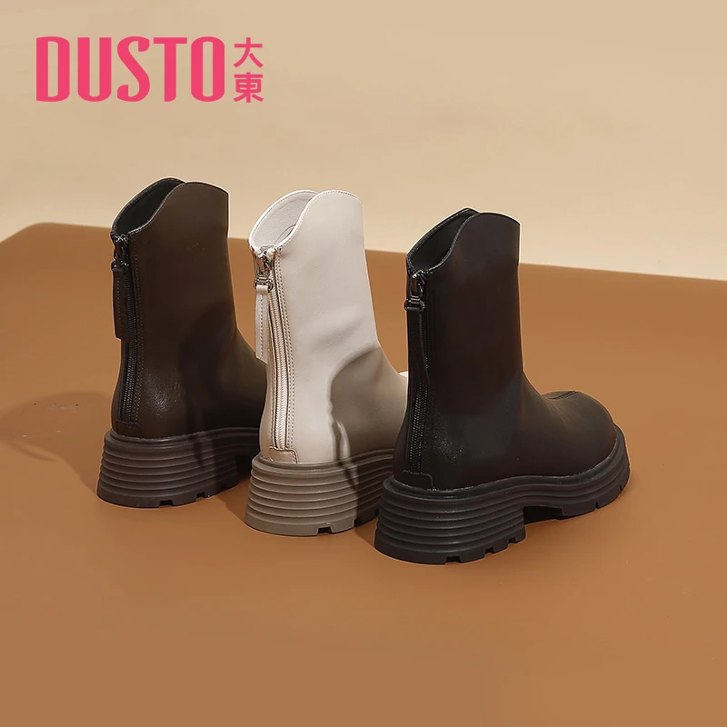 DUSTO/大东秋冬新款短靴百搭时髦中跟圆头靴子后拉链短靴女鞋0656