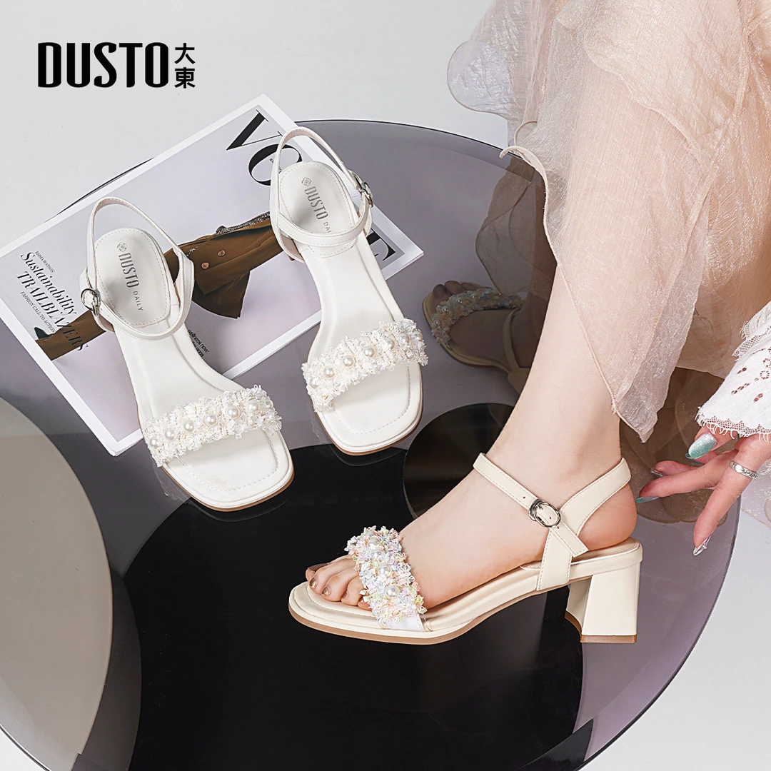 大东凉鞋女夏季新款外穿优雅高跟粗跟珍珠一字扣气质凉女鞋子0016