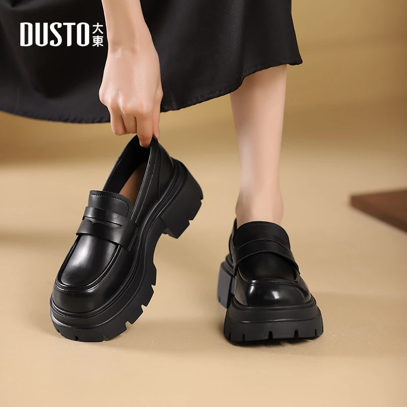 DUSTO/大东2024秋季新款厚底乐福鞋时尚百搭圆头高跟套脚女鞋0127