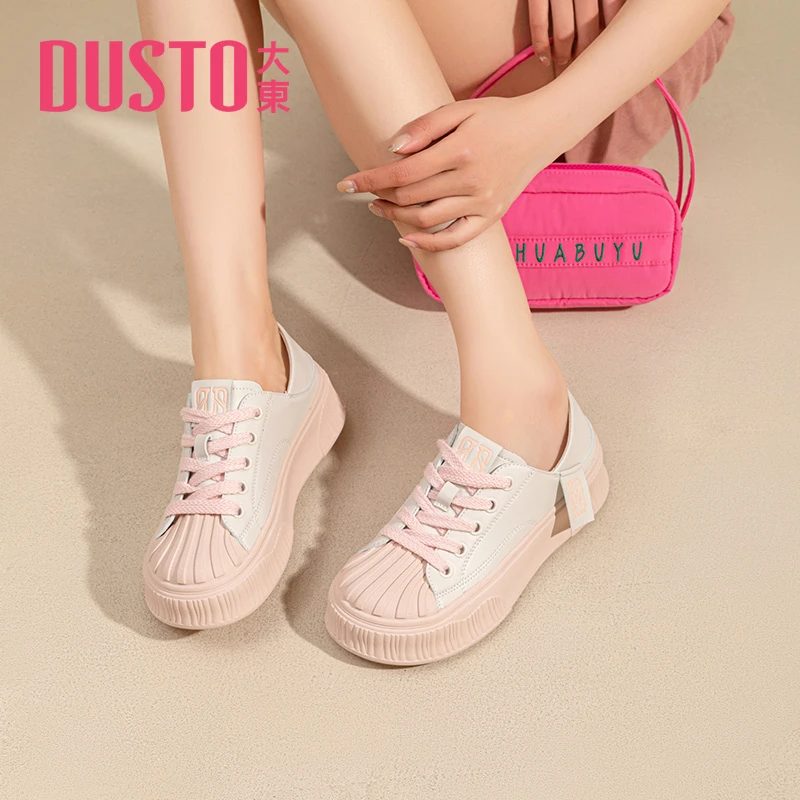 DUSTO/大东小白鞋女春季新款女鞋休闲时尚系带贝壳头甜美板鞋0323