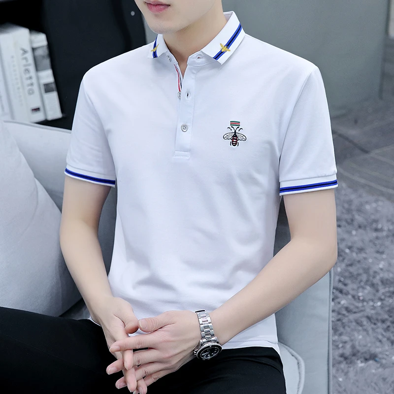 夏季冰感男士短袖t恤潮流商务翻领白色t恤男装百搭透气纯色半袖男