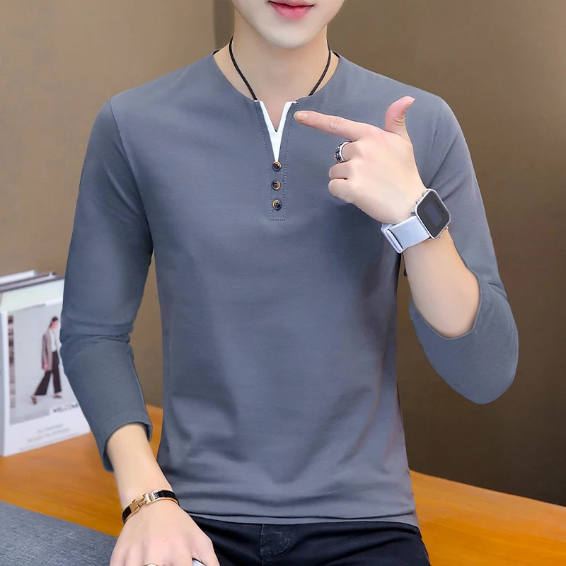 纯棉长袖T恤男V领秋季新款男士打底衫大码男装薄款内搭秋衣男上衣