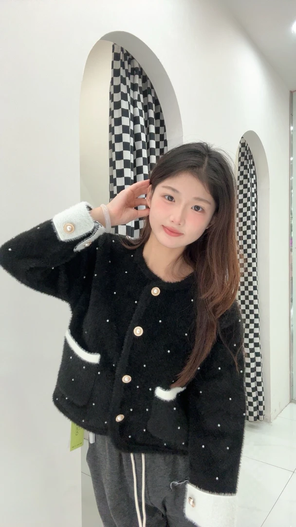 小香风气质钉珠拼接外套绒针织开衫时尚潮流