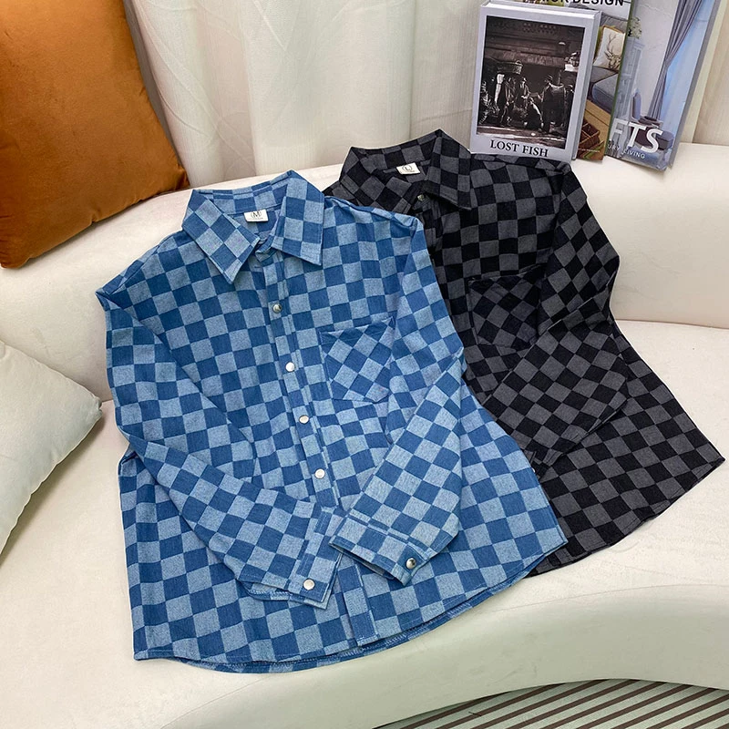 春秋潮牌复古港风工装格子衬衫牛仔夹克男潮流韩版棋盘格外套男生