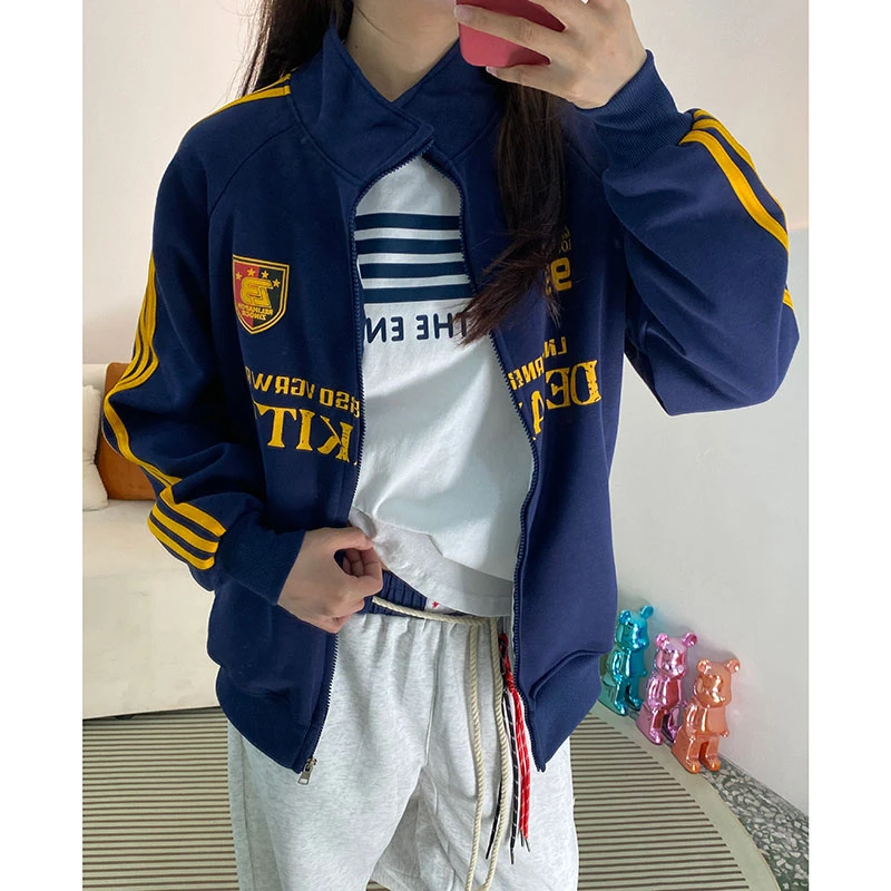 美式复古秋季校园街头感球衣三条杠拉条立领春秋外套卫衣夹克男女