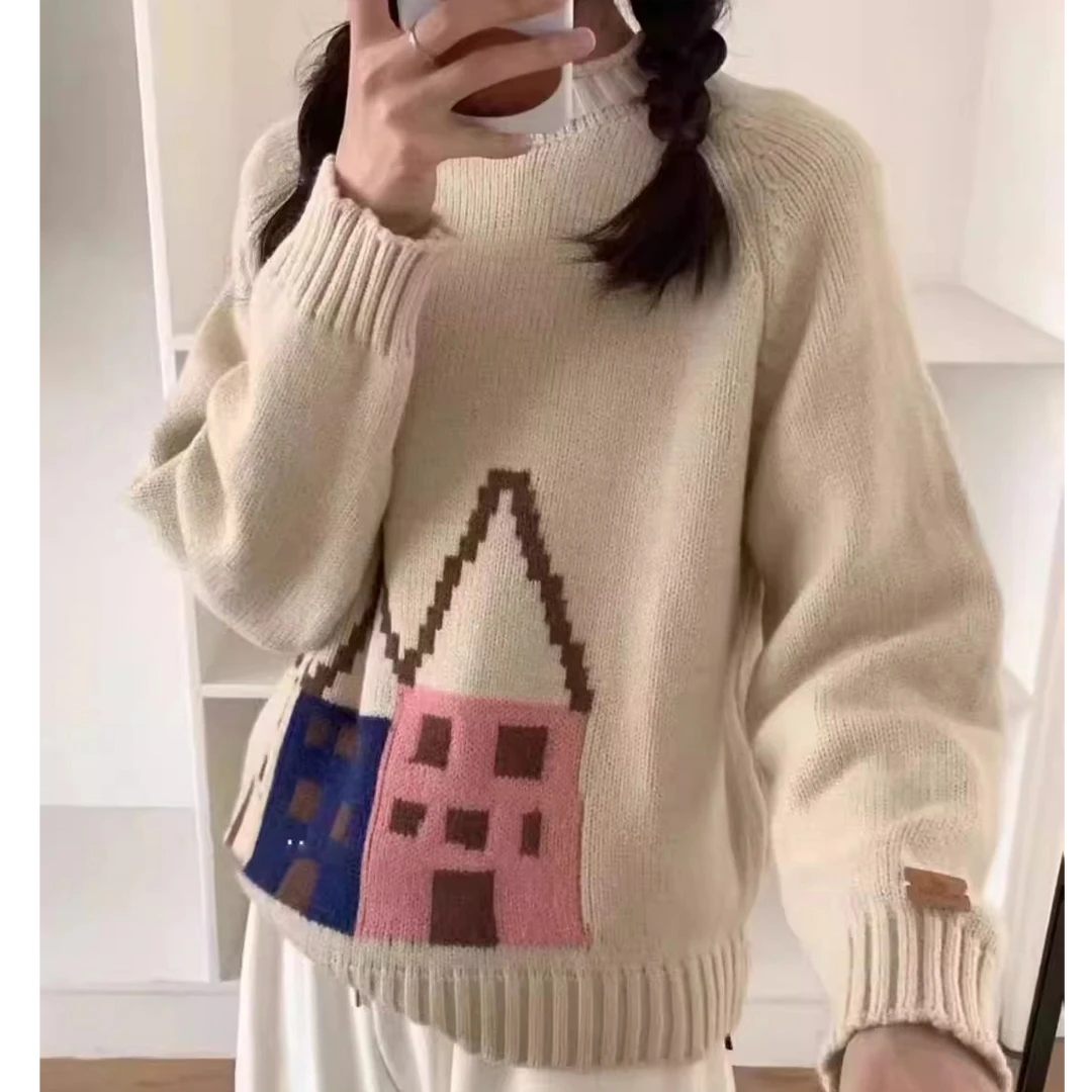 女生手绘童话屋卡通纯羊毛套头针织秋冬新款卡通小房子显瘦毛衣