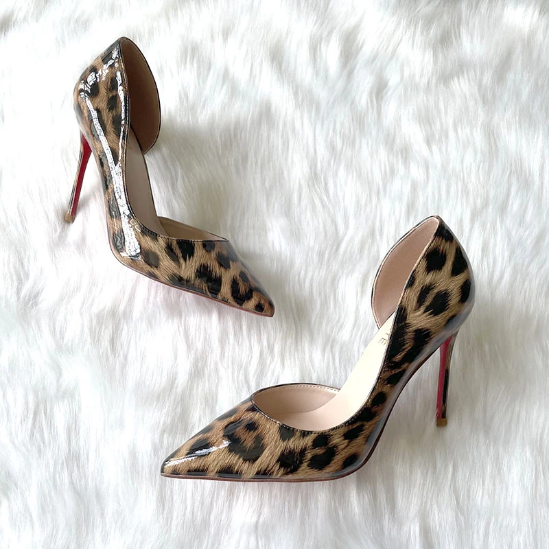 性感欧美豹纹红底大码浅口气质侧空尖头细跟夜店高跟单鞋高跟鞋