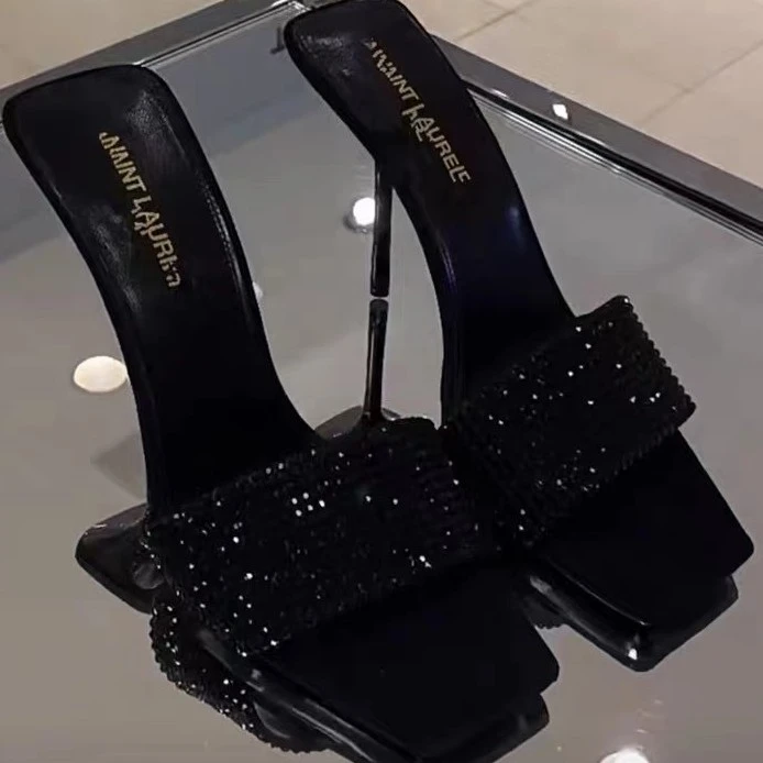 欧美风性感黑凉鞋2025新款方头平价百搭高跟鞋细跟水钻露趾凉拖女