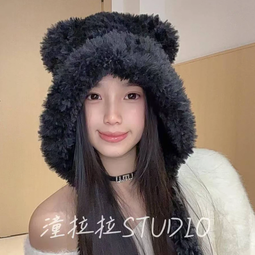 可爱毛绒绒小熊耳朵帽子女秋冬骑车加绒保暖护耳大头围雷锋帽学生