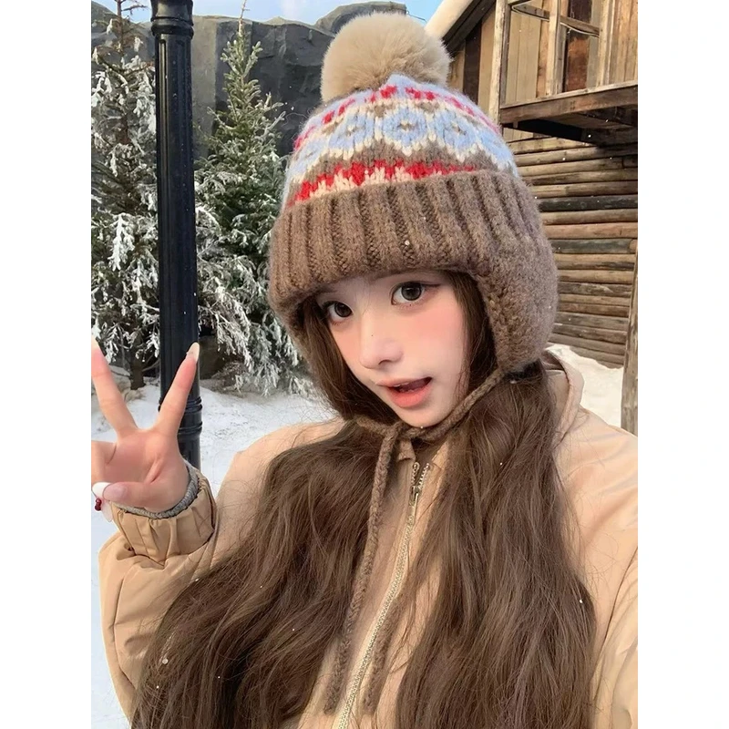 费尔岛复古滑雪毛线帽女秋冬东北加厚保暖护耳帽子毛球针织帽冬天