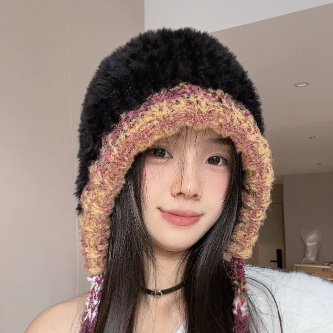 秋冬新款韩版毛绒绒护耳包头帽子保暖百搭休闲毛线针织帽混色抽绳