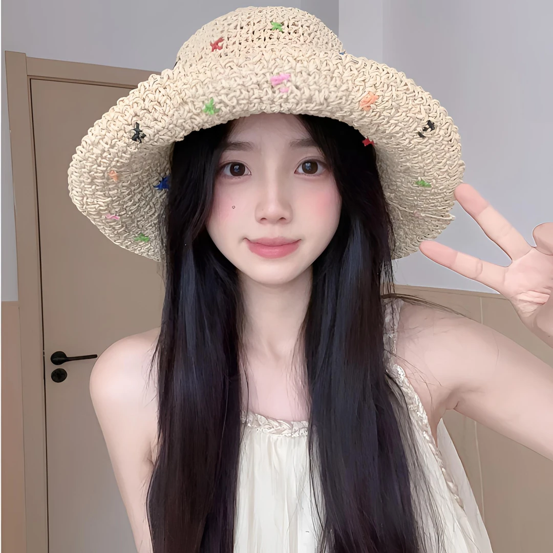 新款ins彩色手工草编小渔夫草帽女夏季韩版小众甜美出游草沙滩帽
