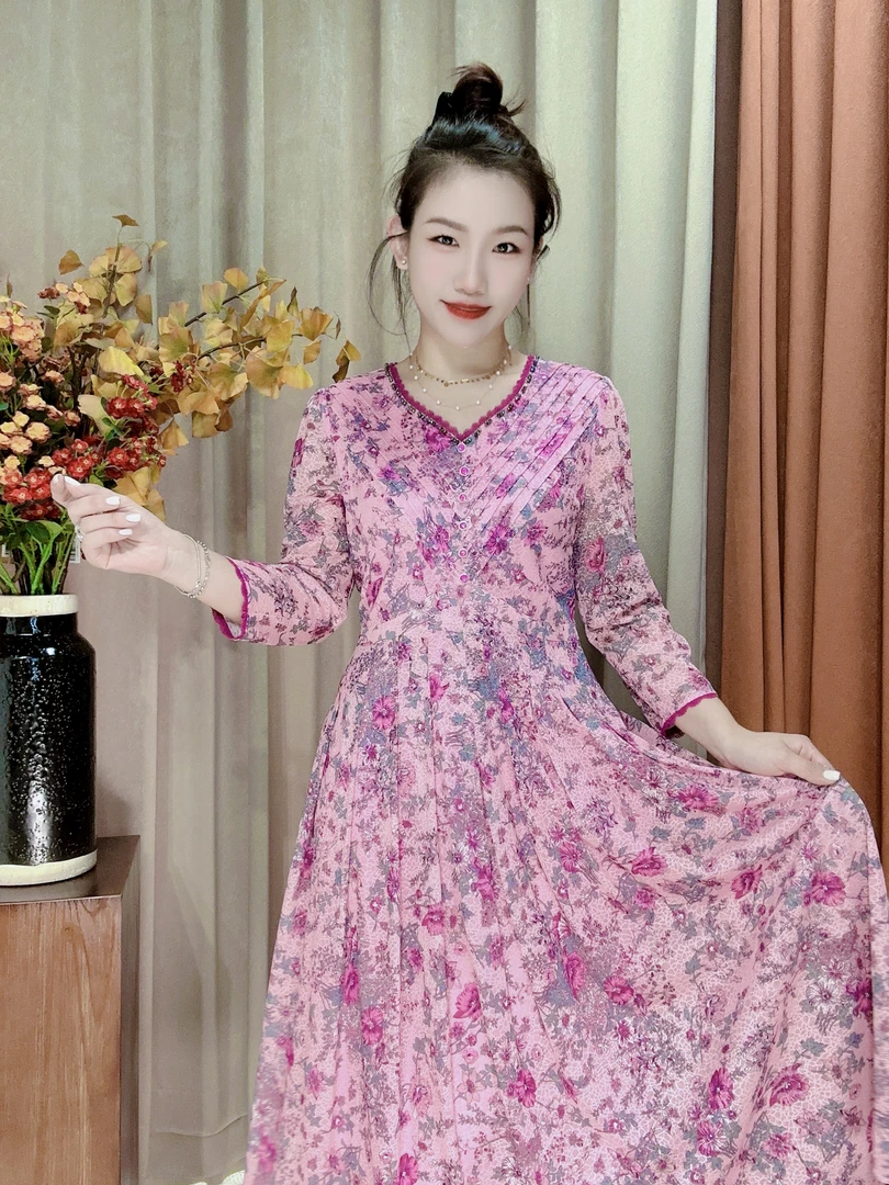 D 1362# 优雅气质妈妈装碎花显瘦长袖洋气时尚百搭中长款修身收腰