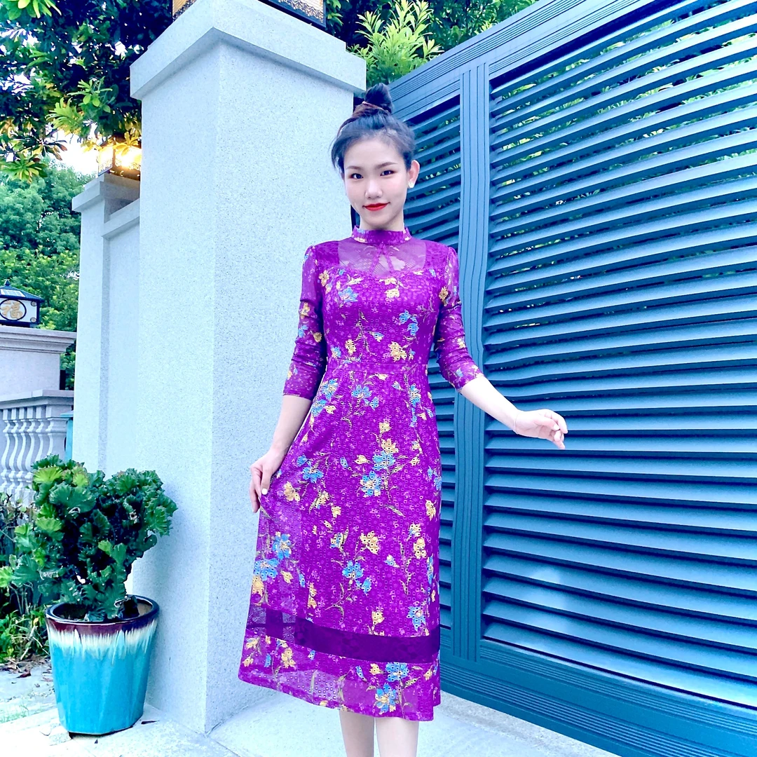 956#印花长袖圆领口袋款时尚修身妈妈装优雅气质碎花连衣裙