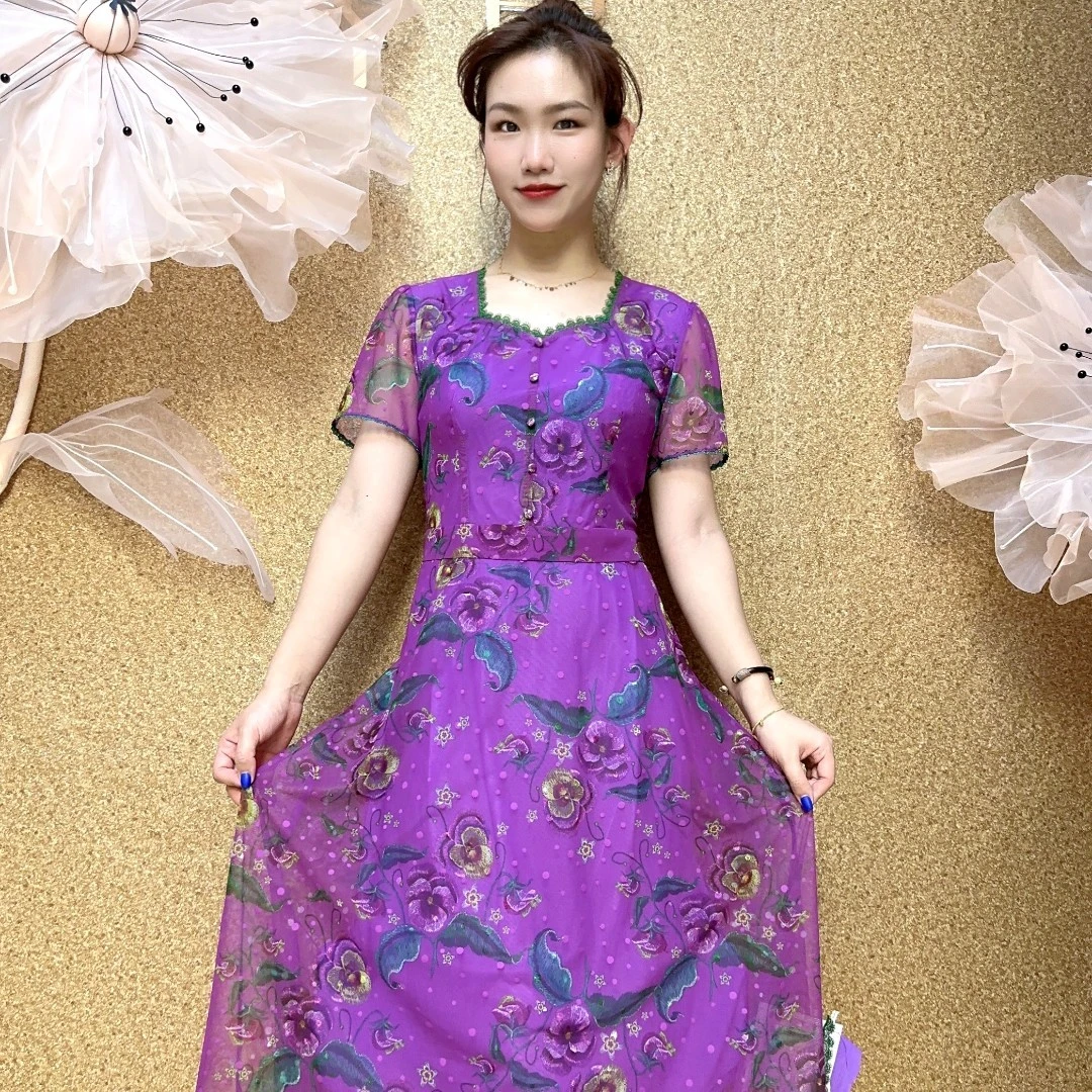 S 1108#夏季蕾丝花边洋气时尚收腰显瘦妈妈装连衣裙