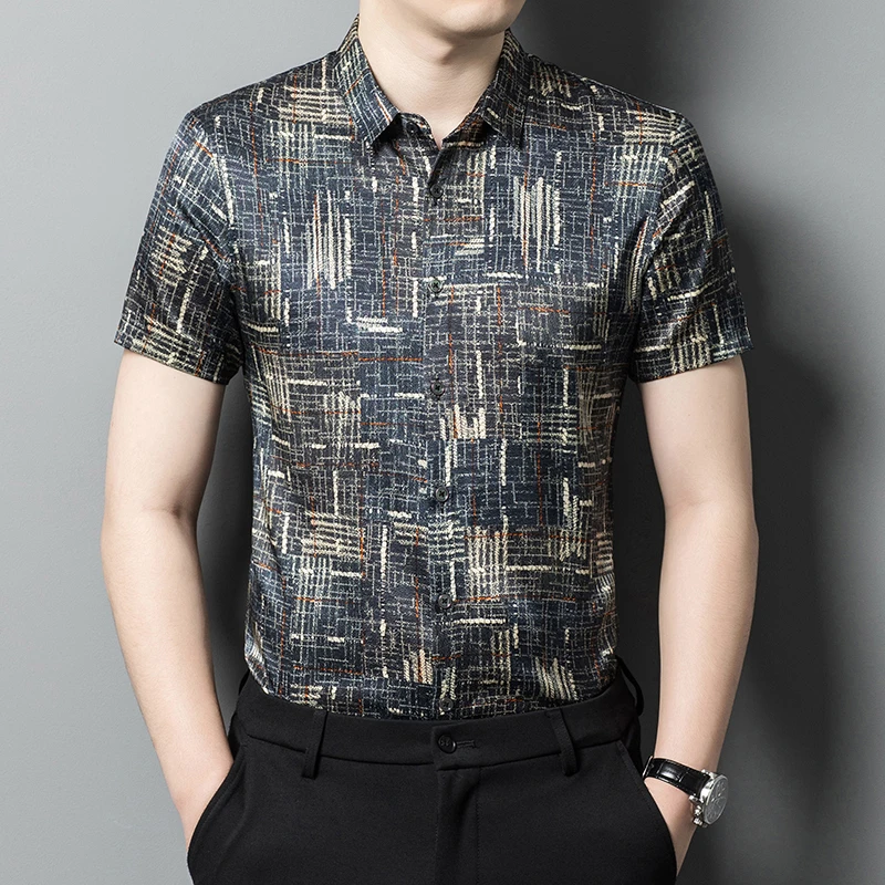 嘉杜丝绸 重磅桑蚕丝牛仔蓝2035款高端商务休闲男士短袖衬衫