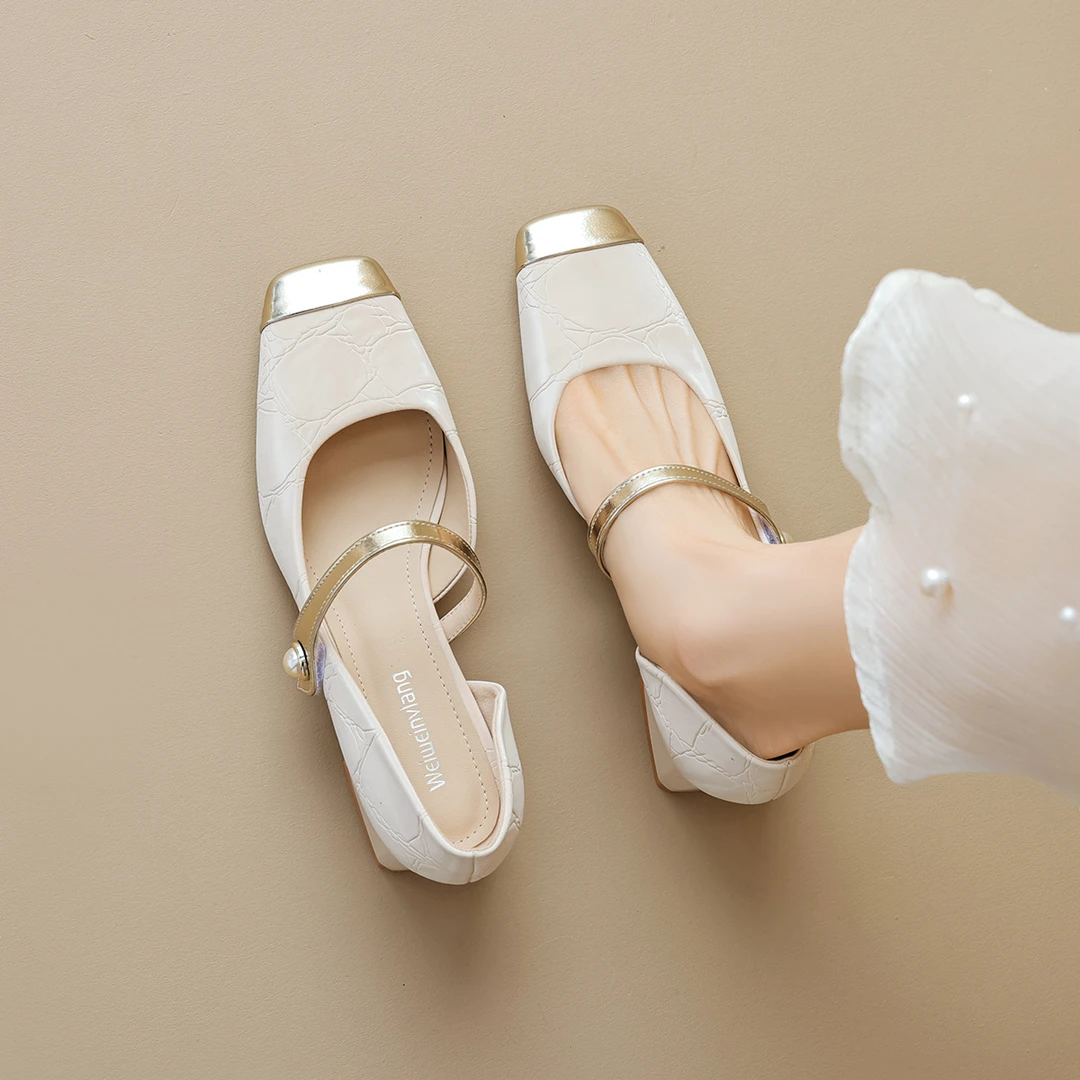 大码鞋女 法式单鞋女粗跟一字带侧空高跟鞋仙女风玛丽珍鞋时尚