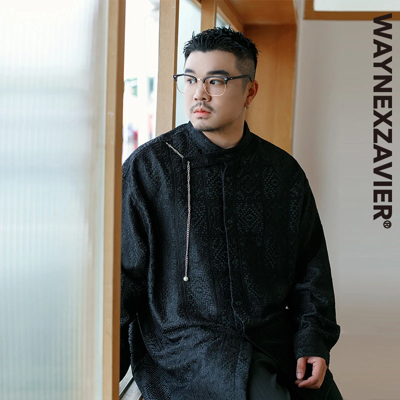 韦恩泽维尔大码轻奢黑色衬衫男长袖宽松痞帅暗纹蕾丝立领衬衣8946