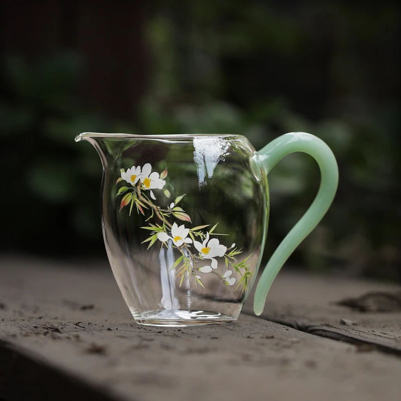 高硼硅透明茶海春归玻璃公杯手工贴花耐热匀杯家用高透分茶器公杯