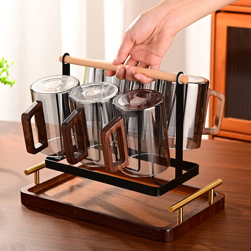 高硼硅玻璃茶杯耐高温木把玻璃水杯办公室待客高档胡桃木泡茶杯