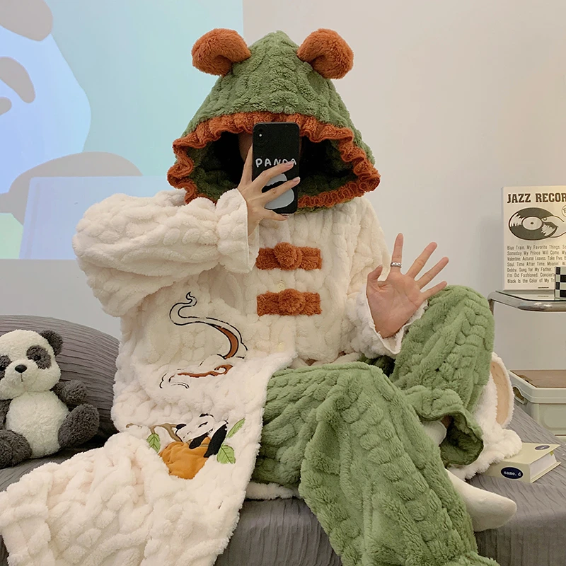 『国风熊宝』睡袍秋冬季加绒冬天保暖连帽女毛茸甜美少女睡衣家居服