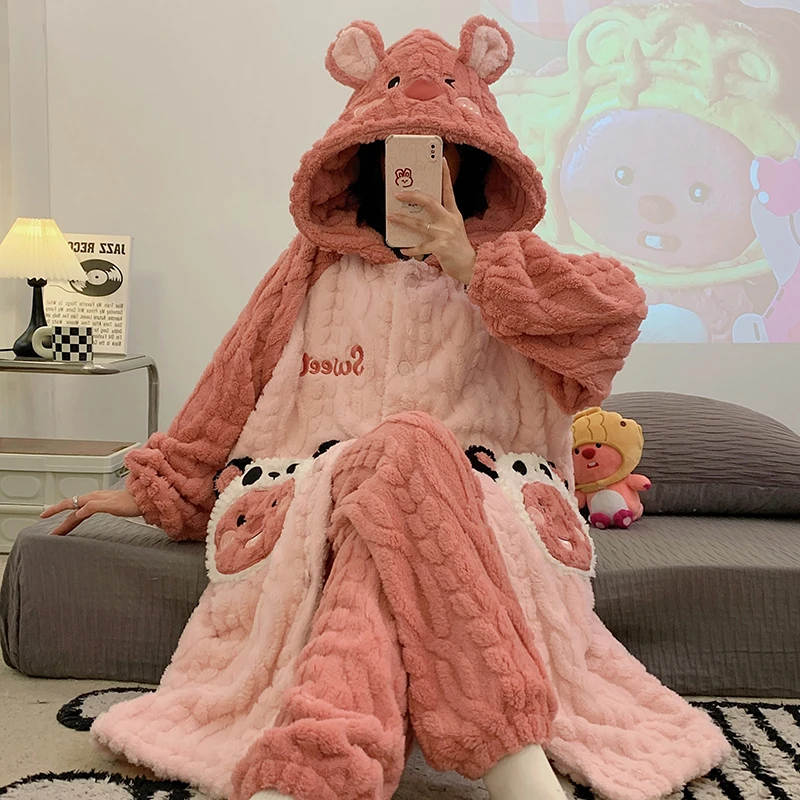 『熊宝露比』睡袍秋冬季加绒冬天保暖连帽女毛茸甜美少女睡衣家居服