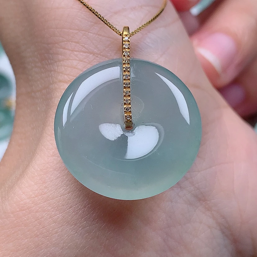 缅甸天然A货翡翠18k金镶嵌冰种平安扣吊坠（尺寸24*5.8）