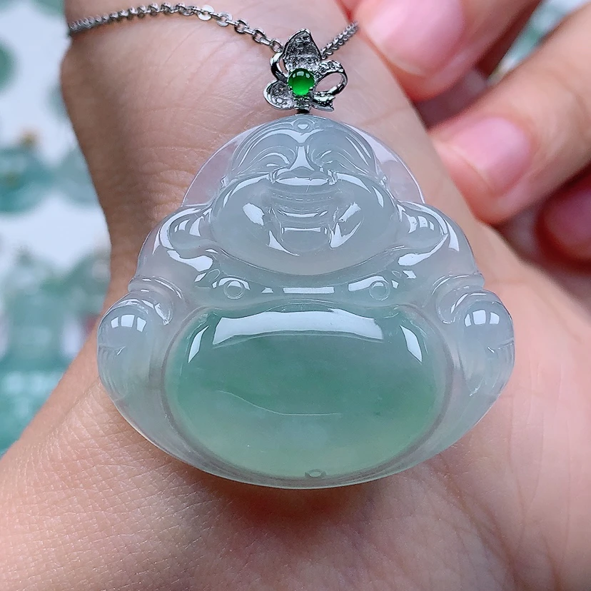 缅甸天然A货翡翠18k金镶嵌冰种飘绿佛公吊坠（尺寸 32.7*35.4*6）